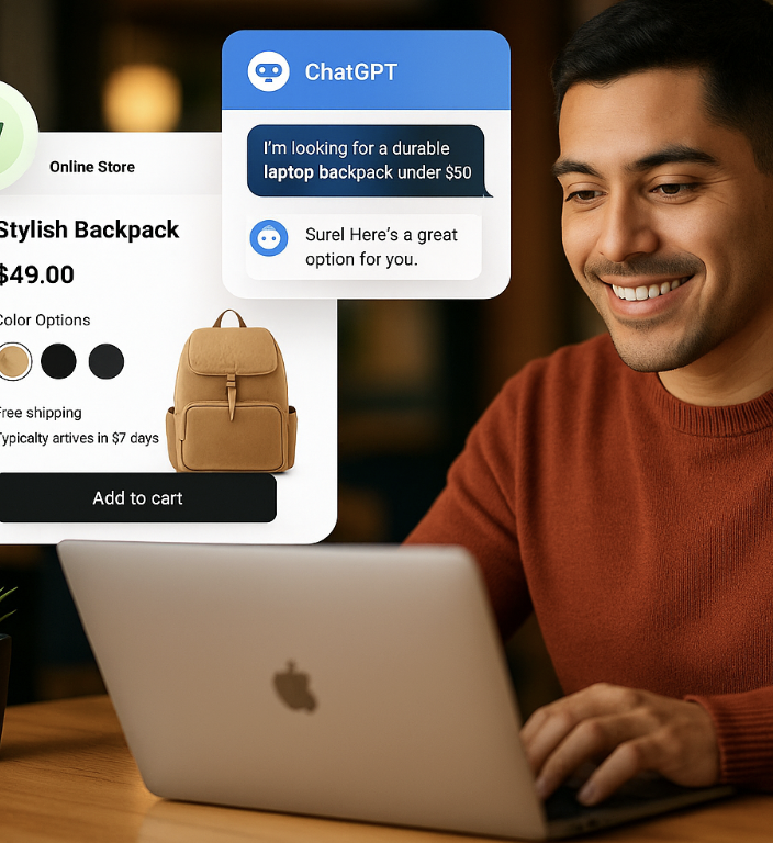 Illustration of an online shopper engaging an AI chatbot rather than browsing multiple websites