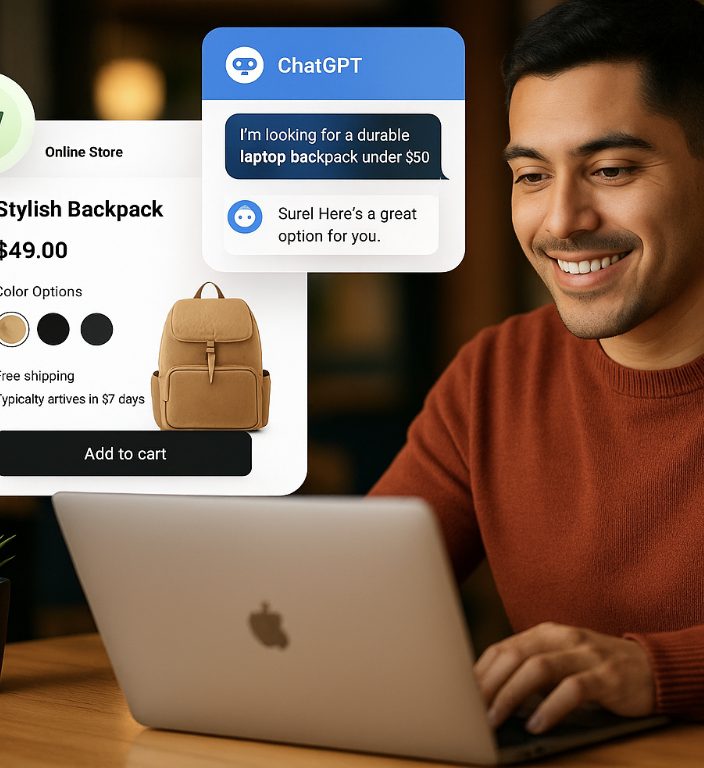 Illustration of an online shopper engaging an AI chatbot rather than browsing multiple websites
