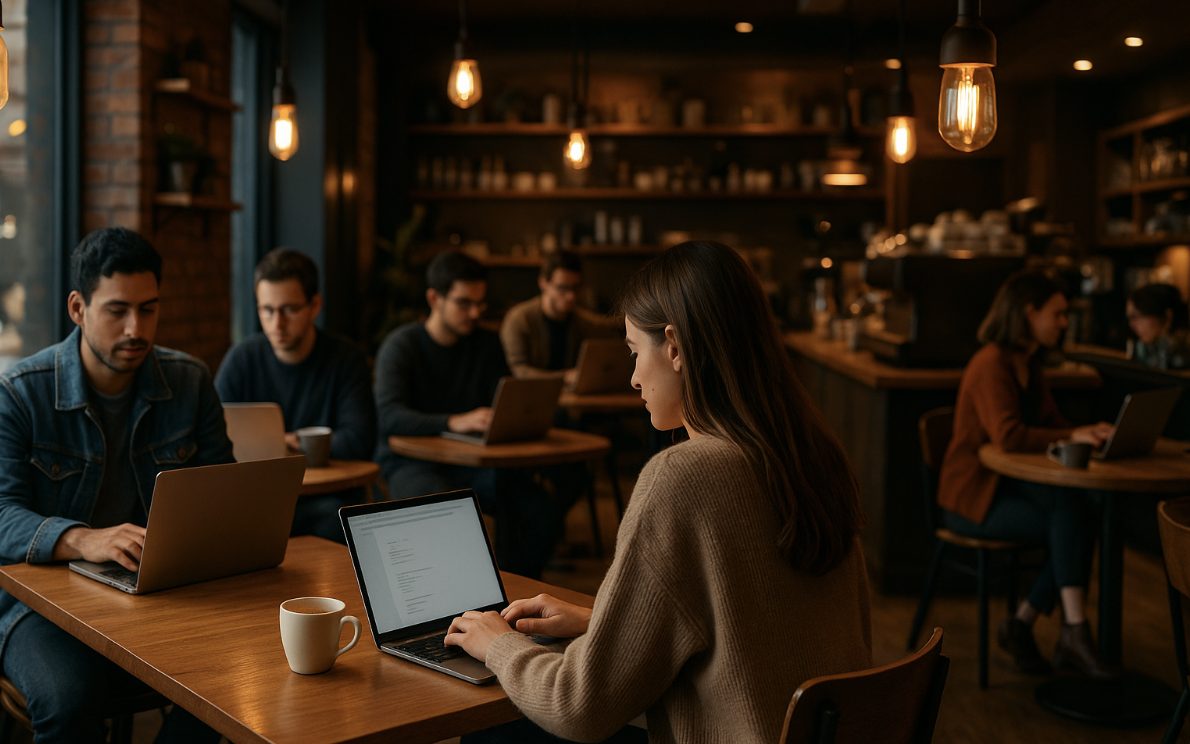 DALL-E-generated image of a modern coffee shop with warm lighting and young professionals