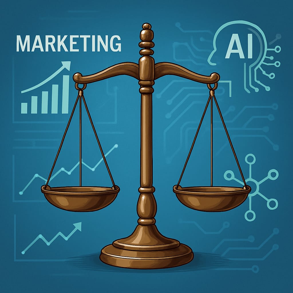 Illustration: scales of justice balancing Marketing against AI, over a blue background with circuit-pattern and growth-chart motifs
