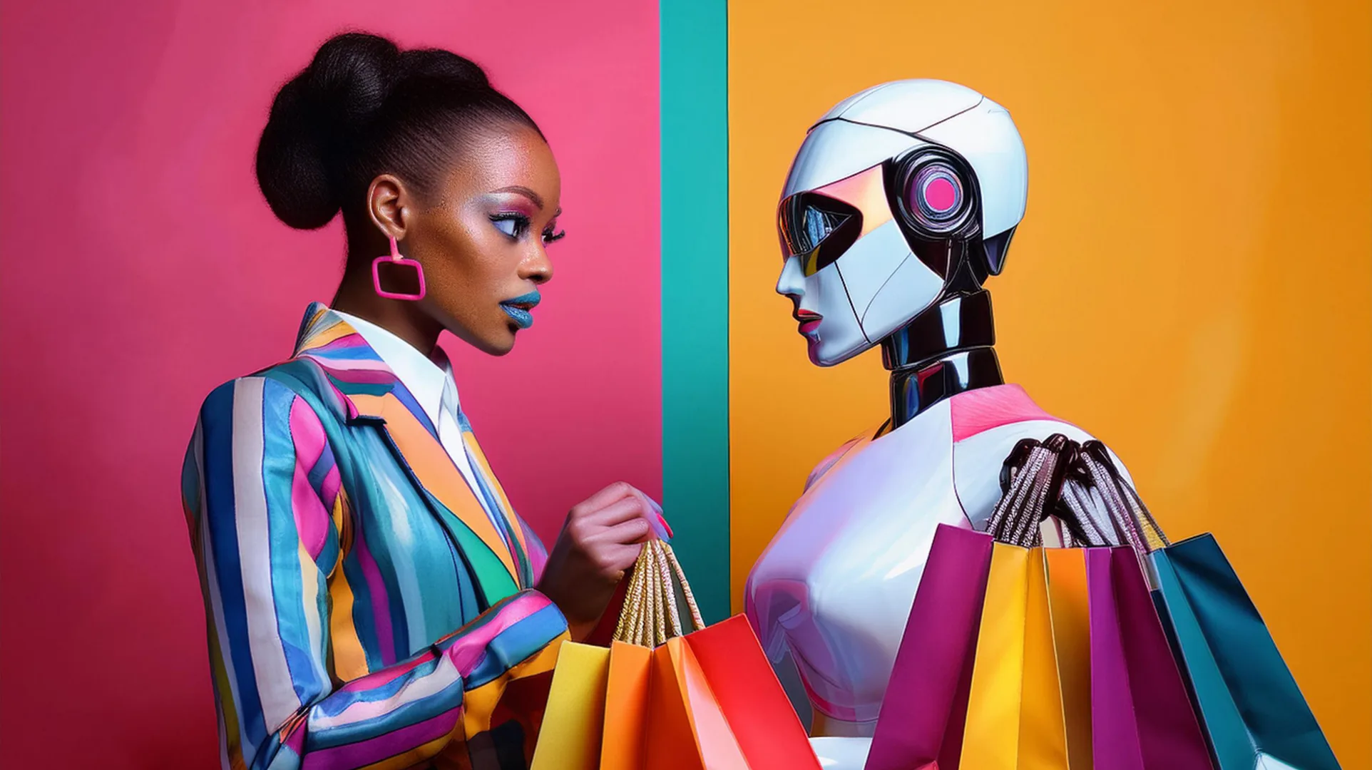 A shopper facing an AI/robot shopping companion holding colorful shopping bags