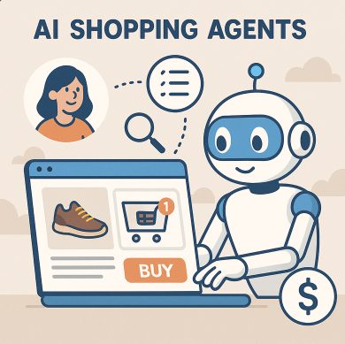 Illustration of an AI shopping agent assisting a user with product search, comparison, and checkout