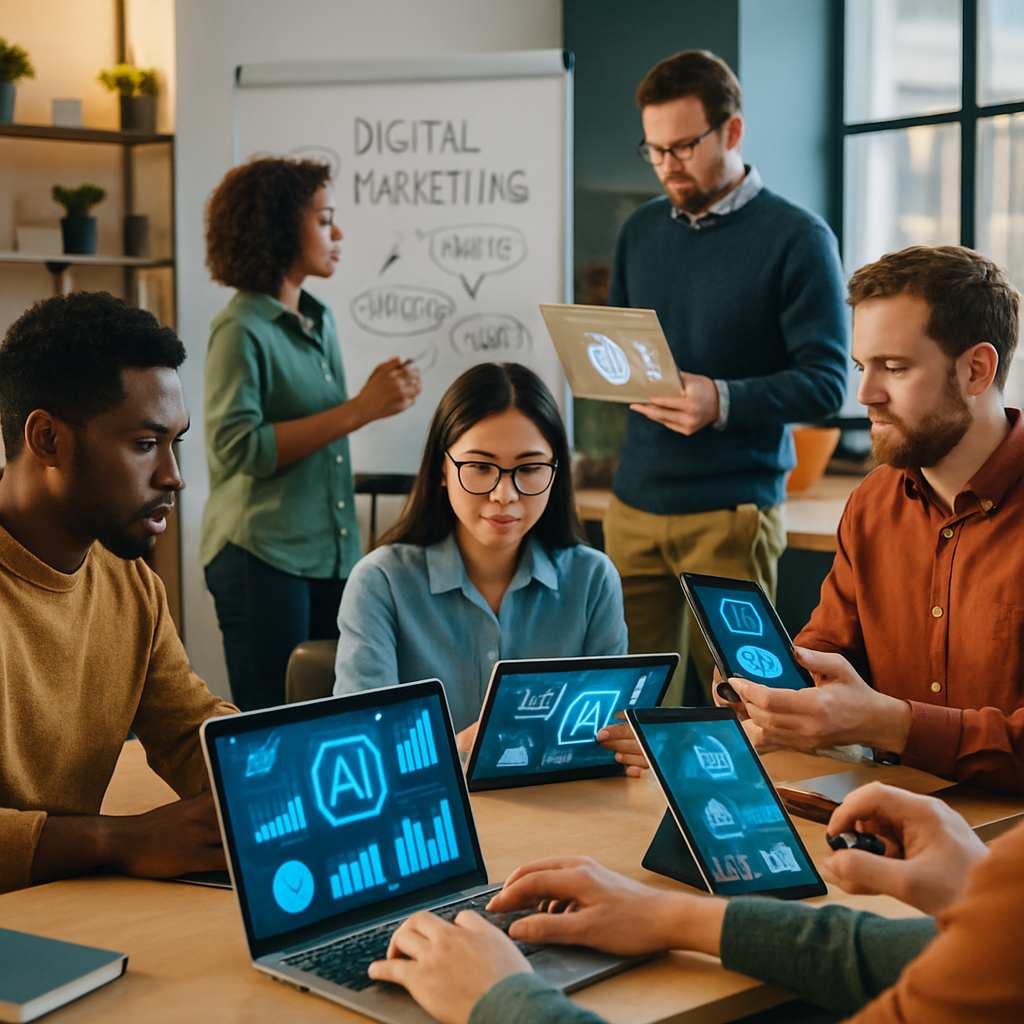 Online students collaborating on marketing coursework, illustrating the shift in skills required for AI-era marketing careers