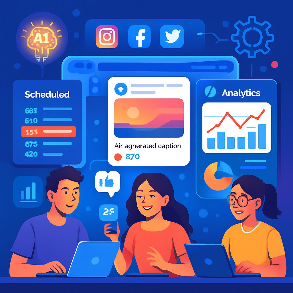 Illustration of an AI-augmented social media workspace managing multiple platforms at once
